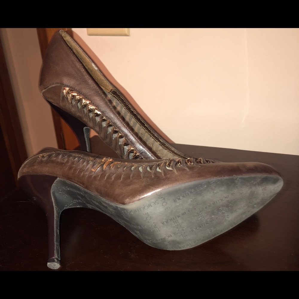 Brown and gold pumps